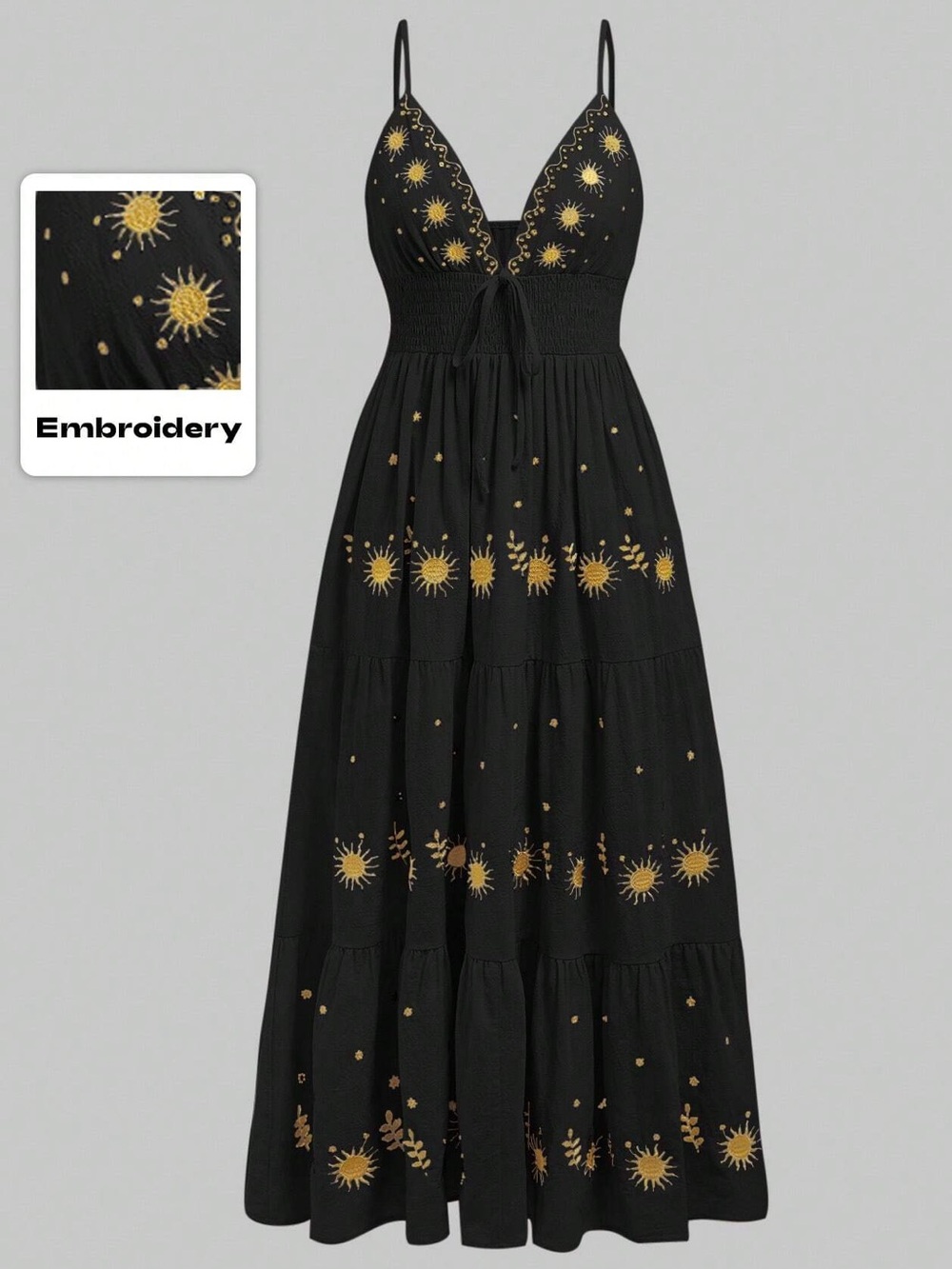 Rowme Fairycore Mysterious Black Tiered Embroidered Boho Celestial Maxi Dress M